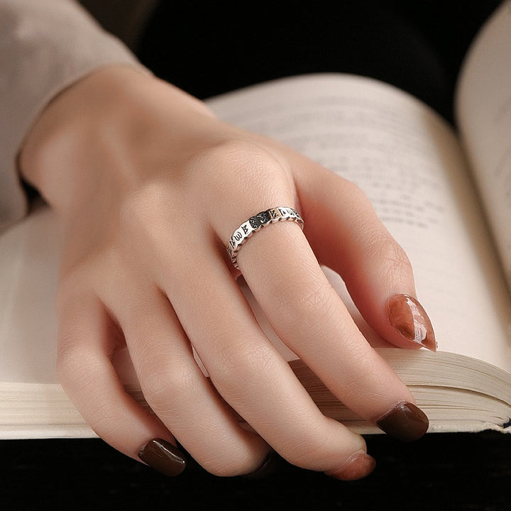 Anillo de sabiduría tranquila con seis palabras verdaderas de plata de ley 925 con Buddha Stones