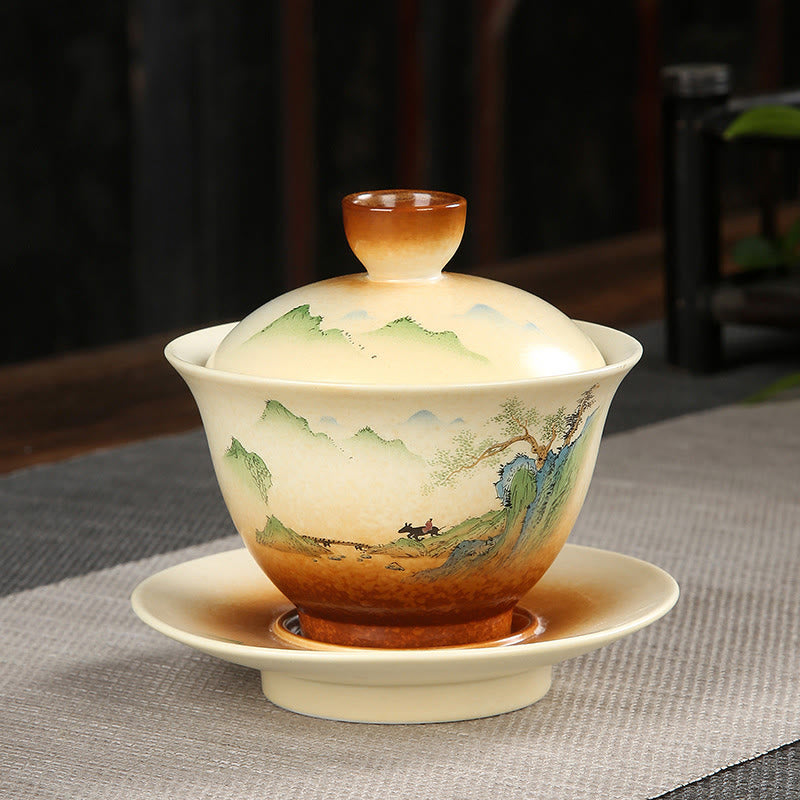 Taza de té y platillo con tapa, cerámica Gaiwan Sancai, paisaje de montaña, paisaje de montaña, Buddha Stones, Kung Fu - 11 cm x 10 cm x 100-130 ml - image 0