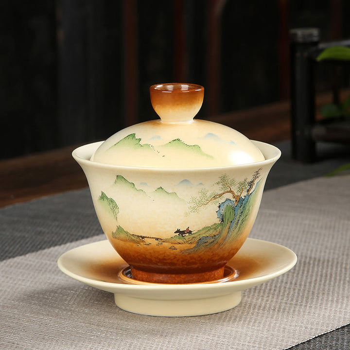 Taza de té y platillo con tapa, cerámica Gaiwan Sancai, paisaje de montaña, paisaje de montaña, Buddha Stones, Kung Fu - 11 cm x 10 cm x 100-130 ml - image 0