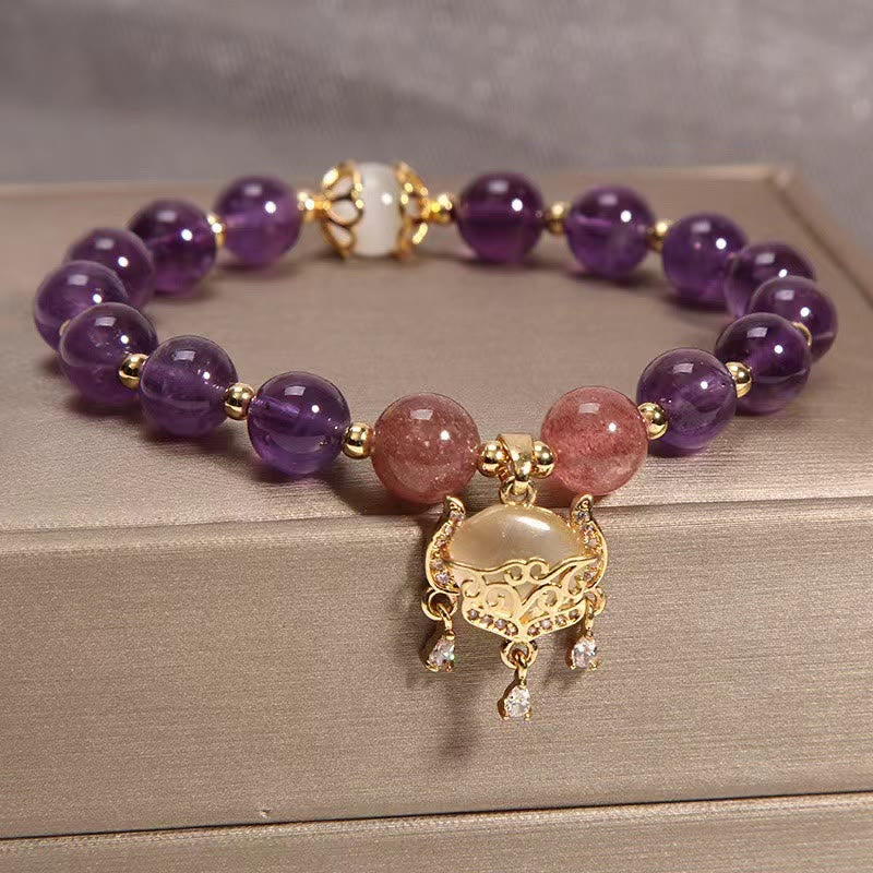 Pulsera curativa con dije de cerradura china, Buddha Stones, amatista Natural, cuarzo fresa, ojo de gato - image 3