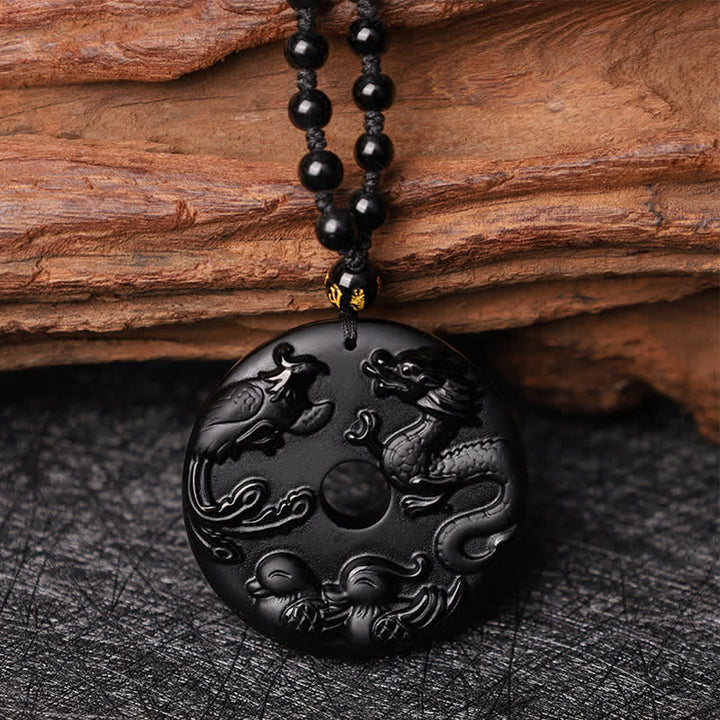 Buddha Stones Obsidiana Negra Dragón Fénix Pato Mandarín Collar de Protección de la Suerte Colgante