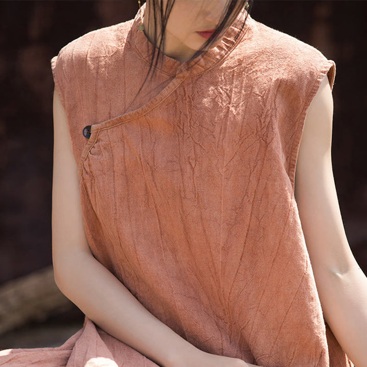 Vestido midi teñido anudado hecho a mano con Buddha Stones Vestido sin mangas de lino