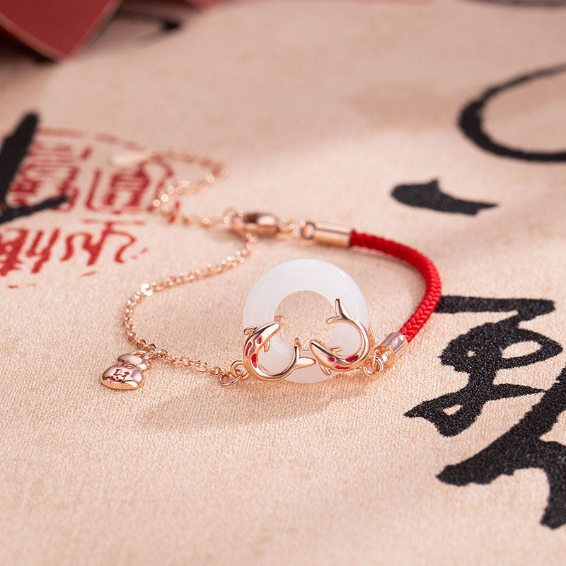 Pulsera con amuleto de la suerte y la suerte, hebilla doble de pez Koi, Jade blanco, Buddha Stones