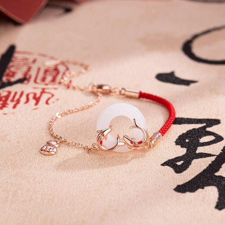 Pulsera con amuleto de la suerte y la suerte, hebilla doble de pez Koi, Jade blanco, Buddha Stones