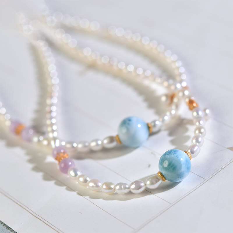 Colgante de collar de sinceridad de Larimar con perlas naturales de plata de ley 925 con Buddha Stones - image 2