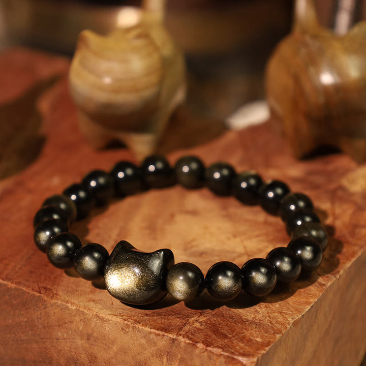Buddha Stones Obsidiana con brillo dorado Obsidiana con brillo plateado Pata encantadora Pulsera de protección del gato de la suerte - image 4