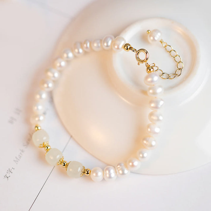 Pulsera de cadena de cuentas de sinceridad de jade blanco de jade cian hetiano con perlas naturales chapadas en oro de 14 quilates