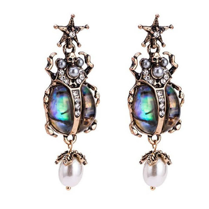 Pendientes colgantes con forma de calavera y escarabajo, estilo vintage, con perlas de cristal y escarabajo