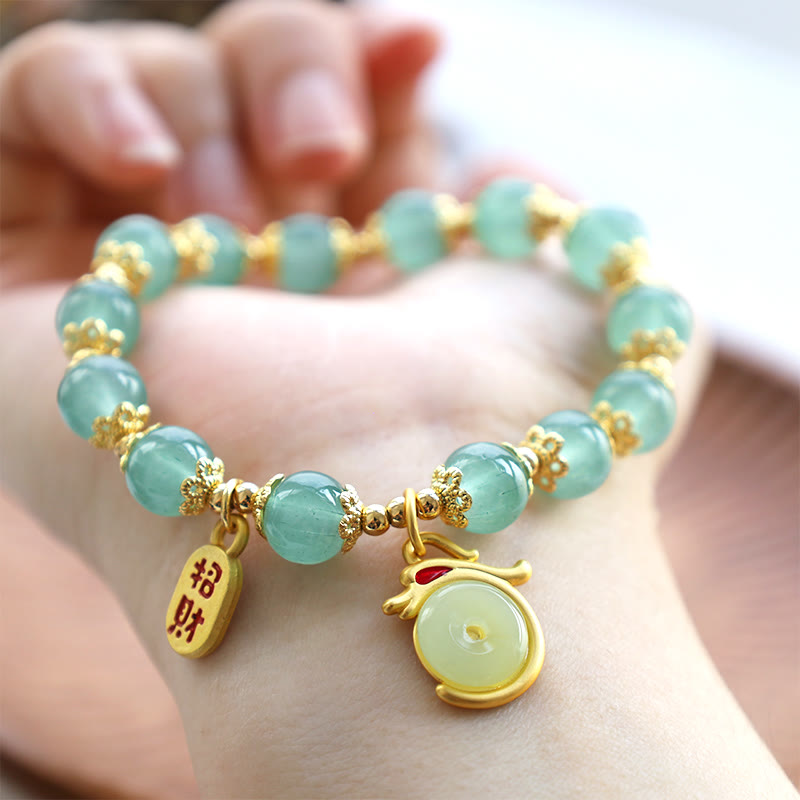 Buddha Stones Año del Dragón Ágata Roja Aventurina Verde Hebilla de la Paz Personaje Fu Pulsera de la Fortuna de la Suerte