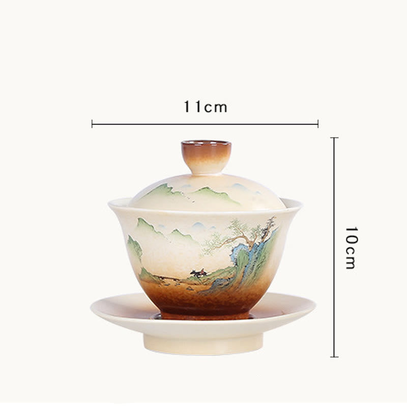Taza de té y platillo con tapa, cerámica Gaiwan Sancai, paisaje de montaña, paisaje de montaña, Buddha Stones, Kung Fu - image 5