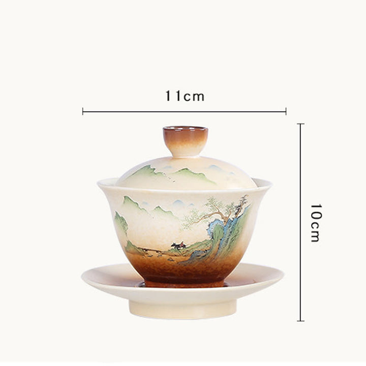 Taza de té y platillo con tapa, cerámica Gaiwan Sancai, paisaje de montaña, paisaje de montaña, Buddha Stones, Kung Fu - image 5