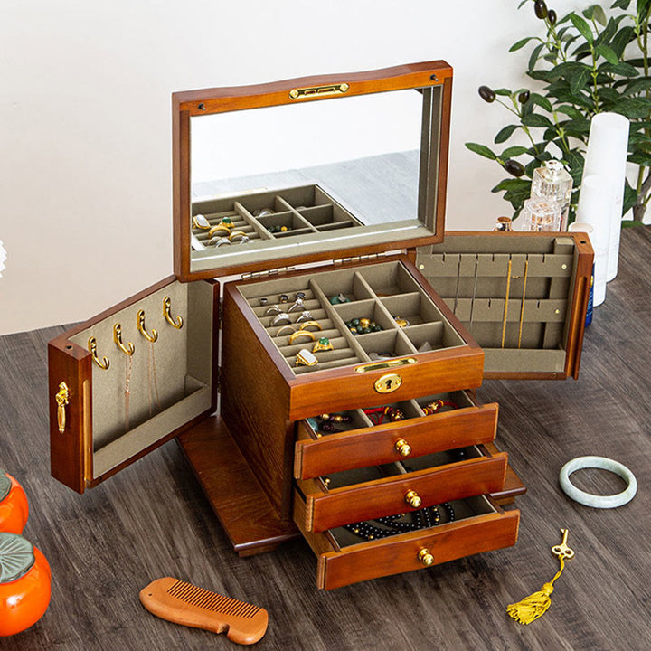 Caja de almacenamiento de joyería de madera de gran capacidad Vintage con Buddha Stones con espejo