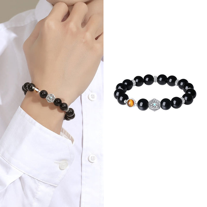 Pulsera de purificación de ojo de tigre de obsidiana negra de plata de ley 925 con Buddha Stones