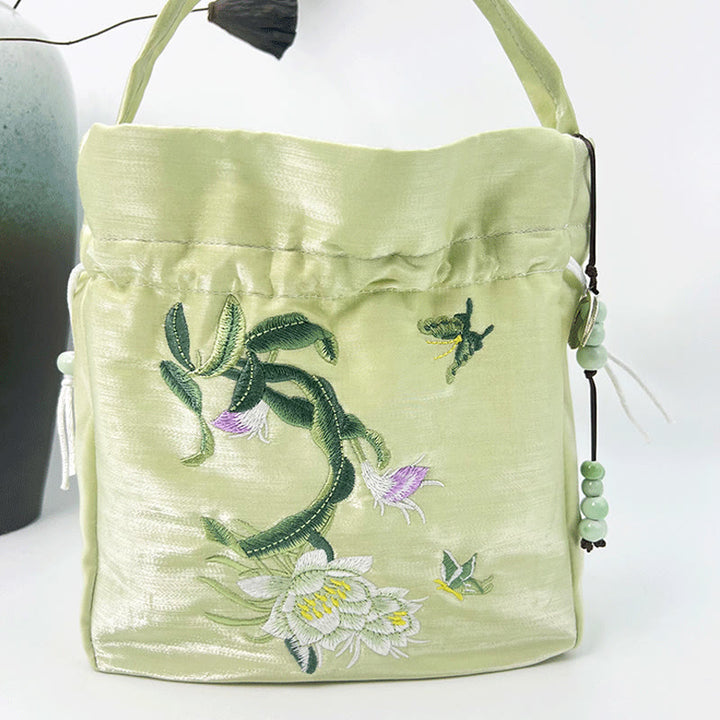 Buddha Stones Flores bordadas Wisteria Lily Algodón Lino Tote Bolso bandolera Bolso de hombro Bolso