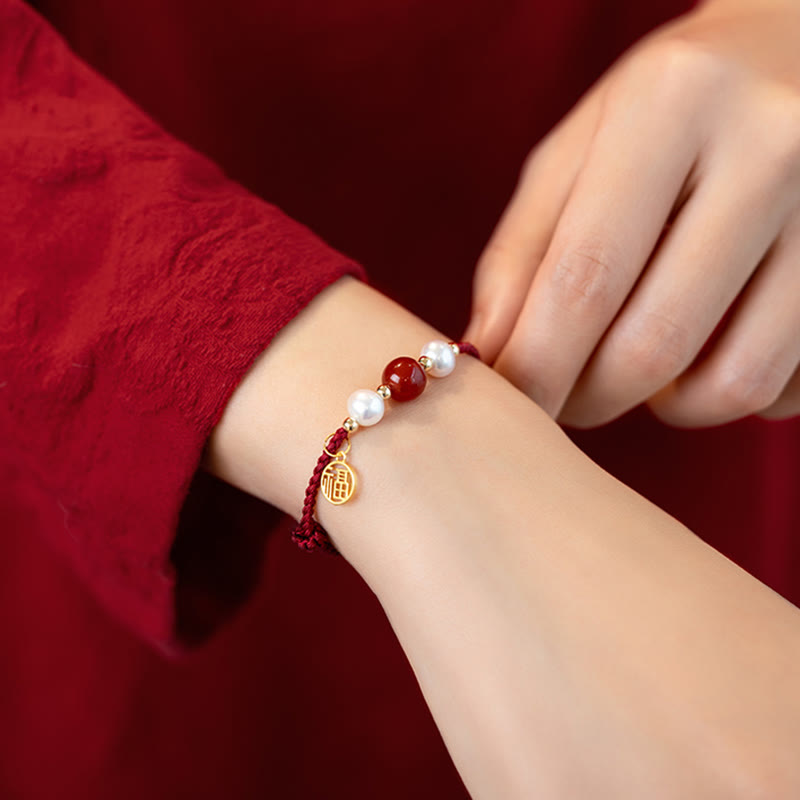 Pulsera trenzada de hilo rojo con perlas de ágata y personaje de buena fortuna, Plata de Ley 925 con Buddha Stones