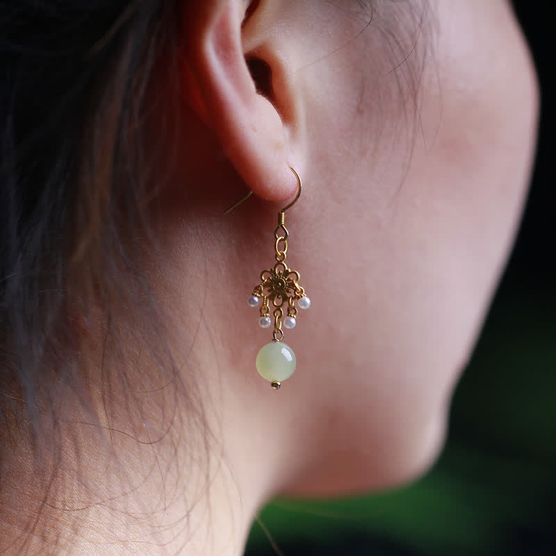 Pendientes colgantes con forma de gota de la suerte, chapados en oro de 14 quilates, con patrón de flores de jade hetiano