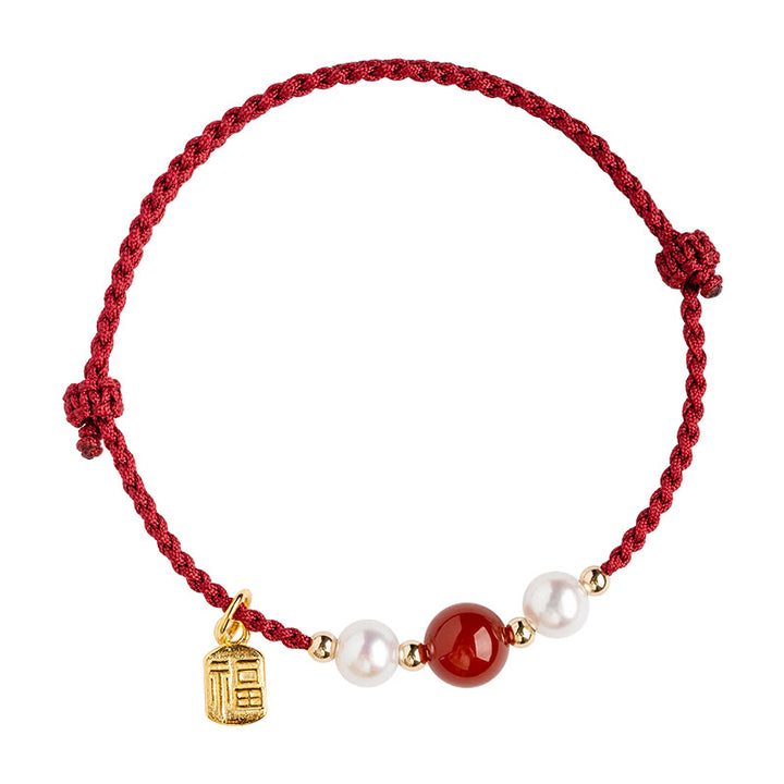 Pulsera trenzada de hilo rojo con perlas de ágata y personaje de buena fortuna, Plata de Ley 925 con Buddha Stones
