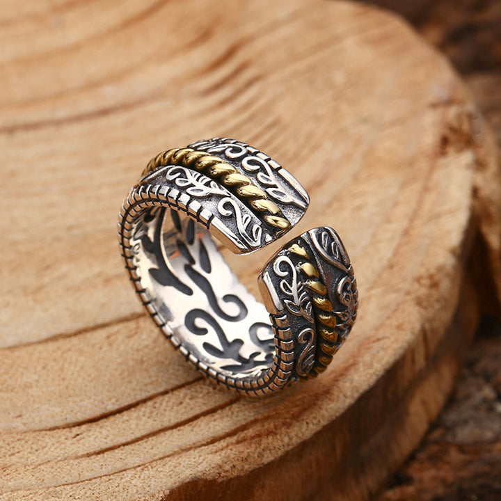 Anillo ajustable de la suerte con diseño de flor de la dinastía Tang de plata de ley 925 con Buddha Stones