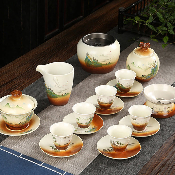 Taza de té y platillo con tapa, cerámica Gaiwan Sancai, paisaje de montaña, paisaje de montaña, Buddha Stones, Kung Fu
