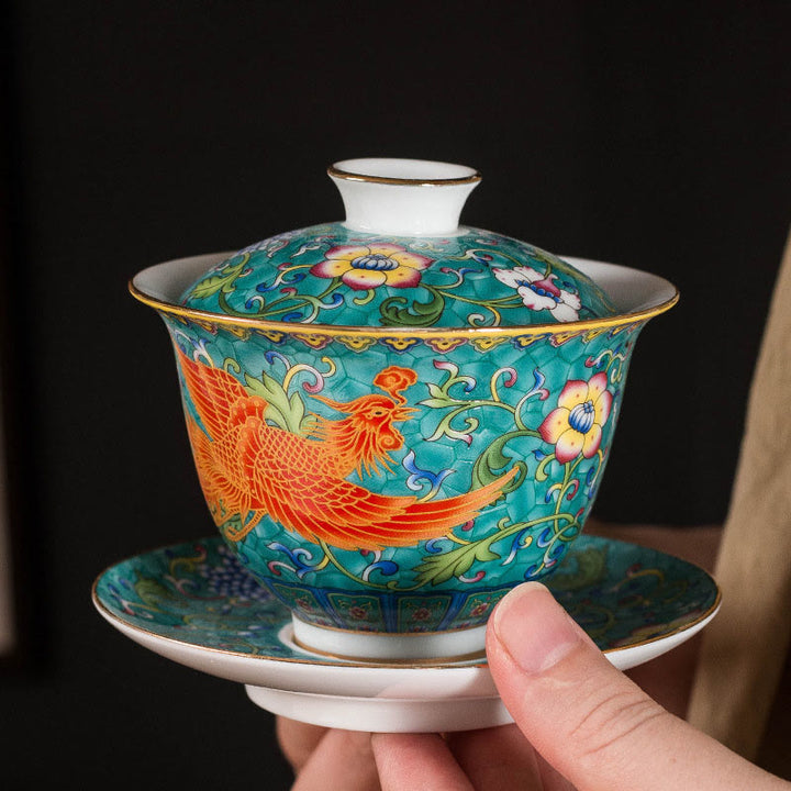 Taza de té y platillo con tapa, cerámica, diseño de flor de Fénix, dragón, Buddha Stones , Gaiwan Sancai, Kung Fu
