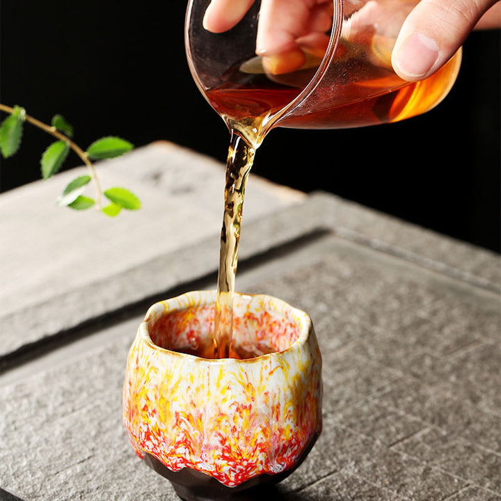 Taza de té de cerámica con Buddha Stones, color naranja, rojo, verde y amarillo, taza de té de Kung Fu