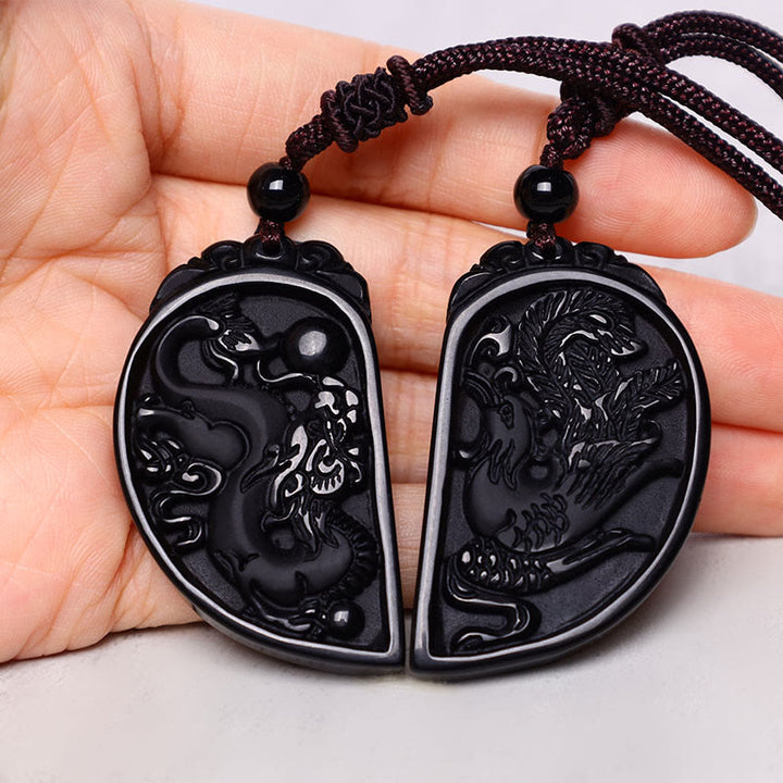 Collar con colgante de protección de fénix, dragón de amor, obsidiana negra, Buddha Stones - image 3
