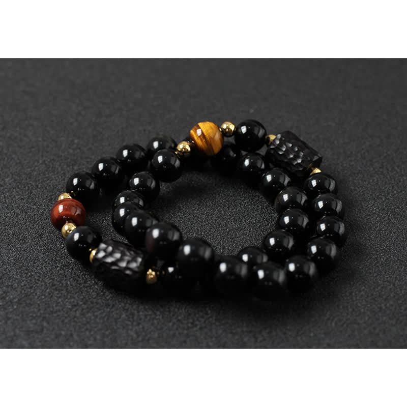Pulsera de pareja de fuerza de ojo de tigre rojo de madera de ébano de obsidiana negra