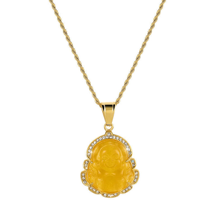 Colgante de cadena con collar de la suerte de jade de Buda sonriente relleno de oro de 18 quilates con Buddha Stones - Amarillo - image 17