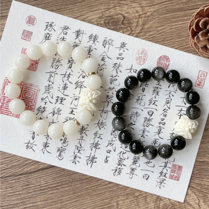 Pulsera de protección con Buddha Stones, obsidiana con brillo plateado, semilla de Bodhi, marfil, fruta, león danzante