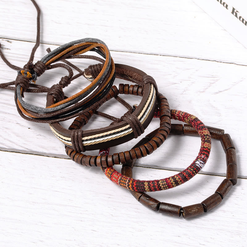 Pulsera de cuero con cuentas de madera y cordones de cáñamo envueltos con Buddha Stones