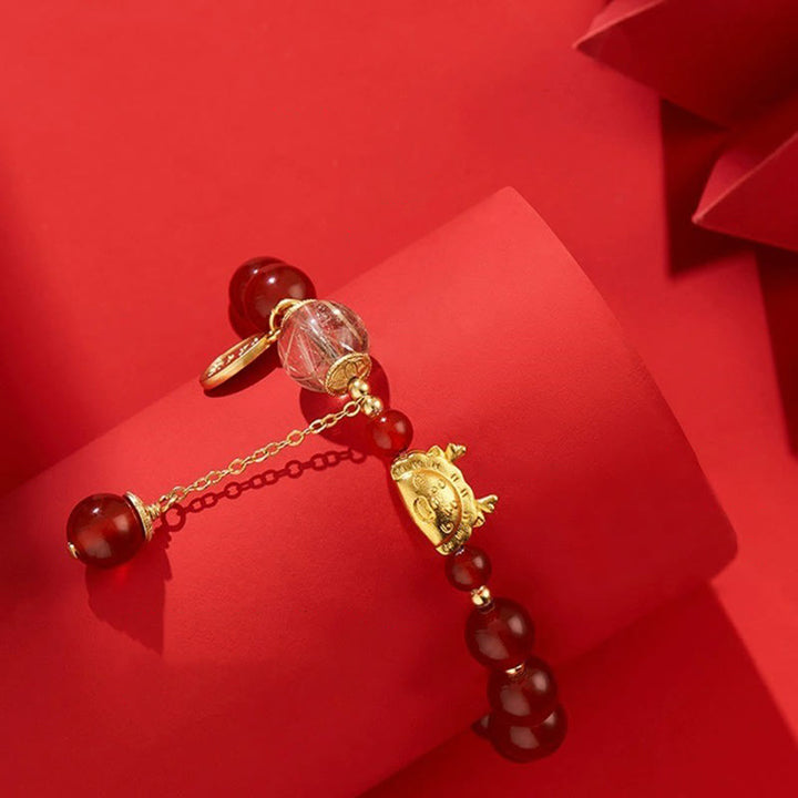 Buddha Stones Año del Dragón Dumpling Ágata Roja Natural Granate Hetian Jade Fu Personaje Suerte Éxito Pulsera