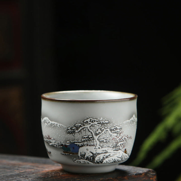 Taza de té de cerámica con Buddha Stones , níspero, lichi, paisaje nevado, uva, manzana, taza de té de Kung Fu
