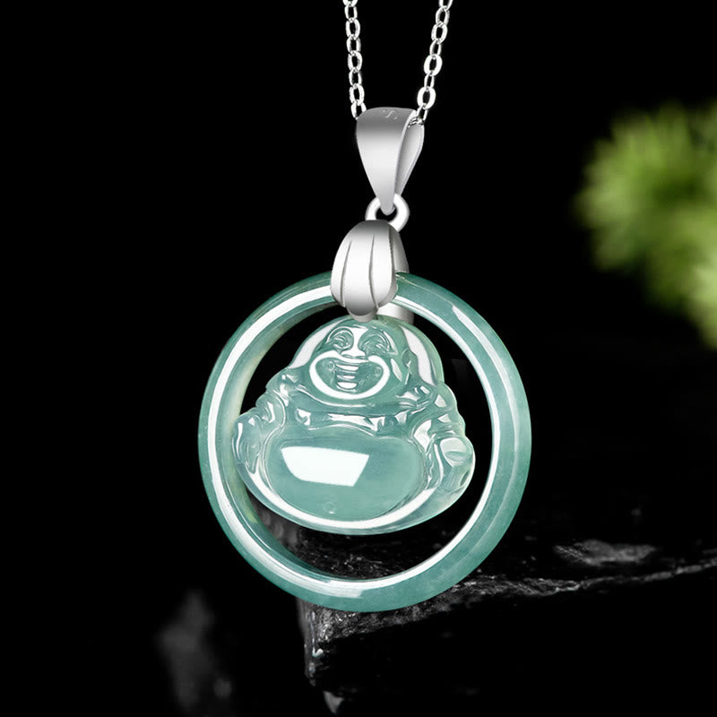 Buddha Stones de plata de ley 925, colgante de collar de cadena de abundancia de Buda sonriente redondo de Jade Natural
