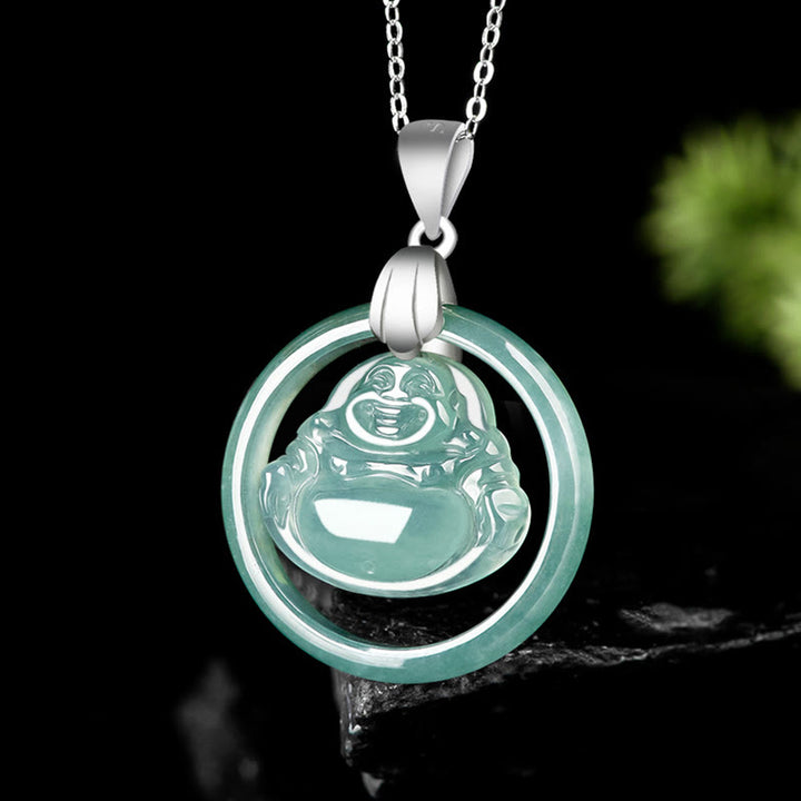 Buddha Stones de plata de ley 925, colgante de collar de cadena de abundancia de Buda sonriente redondo de Jade Natural
