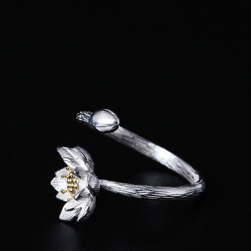 Anillo de bendición de flor de loto de plata de ley 925 con Buddha Stones