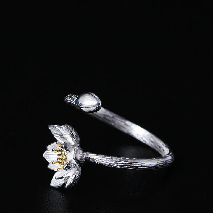 Anillo de bendición de flor de loto de plata de ley 925 con Buddha Stones
