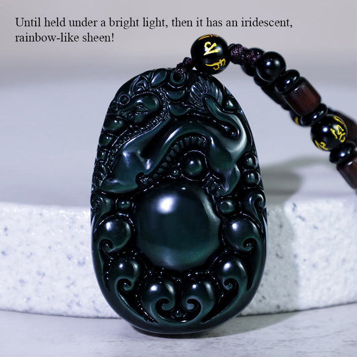 Collar PiXiu de obsidiana arcoíris positiva tibetana con Buddha Stones