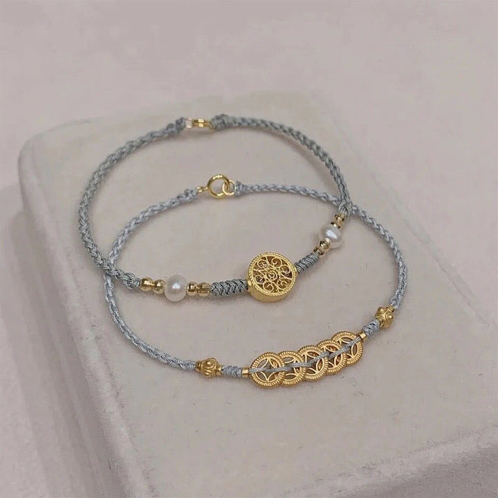 Pulsera trenzada de cuerda azul con Buddha Stones, moneda de cobre, árbol de la fortuna, perla, suerte