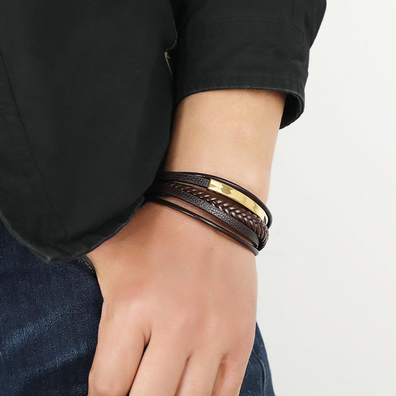 Pulsera de la suerte de cuero y acero titanio con diseño simple de Buddha Stones