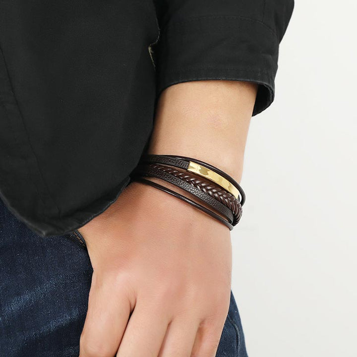 Pulsera de la suerte de cuero y acero titanio con diseño simple de Buddha Stones