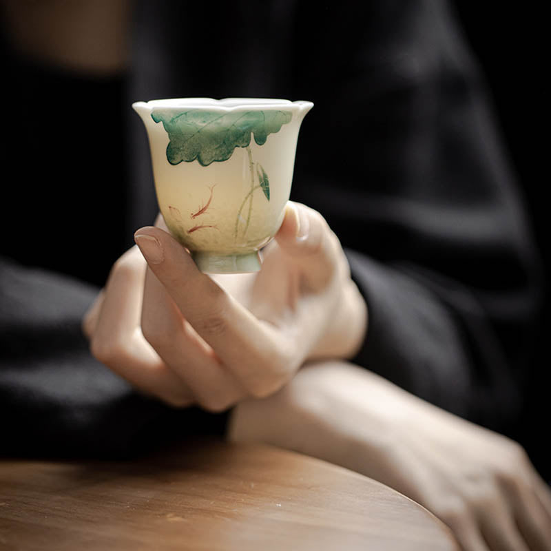 Taza de té de cerámica con diseño de hoja de loto, pez Koi, Buddha Stones, taza de té de Kung Fu, 65ml