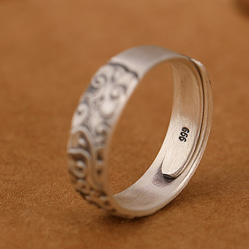 Anillo de iluminación grabado con Buddha Stones de plata de ley 999, flor de loto, flor de ciruelo, nubes auspiciosas