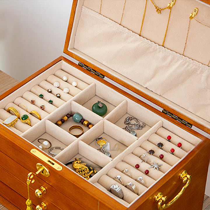Caja de joyería de madera maciza retro con Buddha Stones, caja de almacenamiento de joyería de madera de cuatro capas
