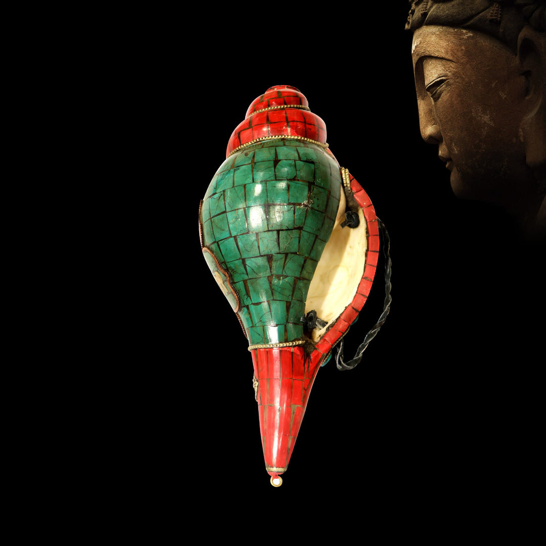 Concha tibetana hecha a mano Shankha Om Mani Padme Hum Buda, decoración de la suerte - image 12
