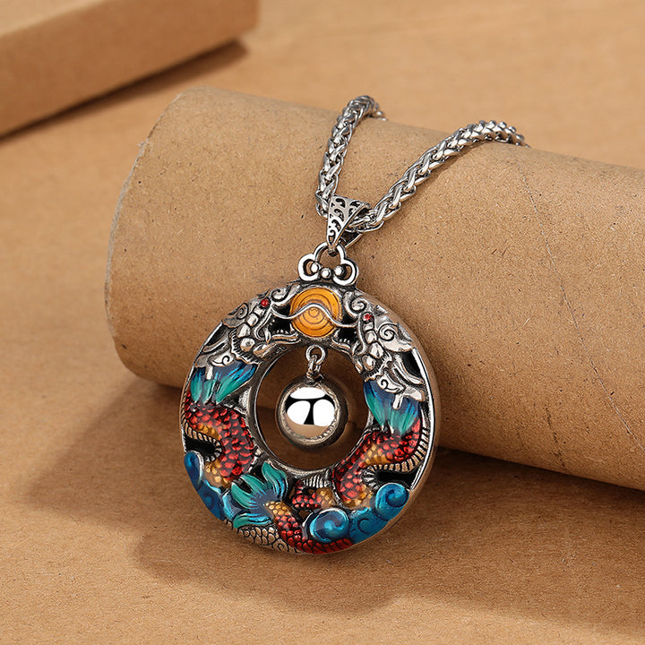 Buddha Stones Año del Dragón, coloridos dragones dobles, cuentas de juego, collar de protección de cobre, colgante