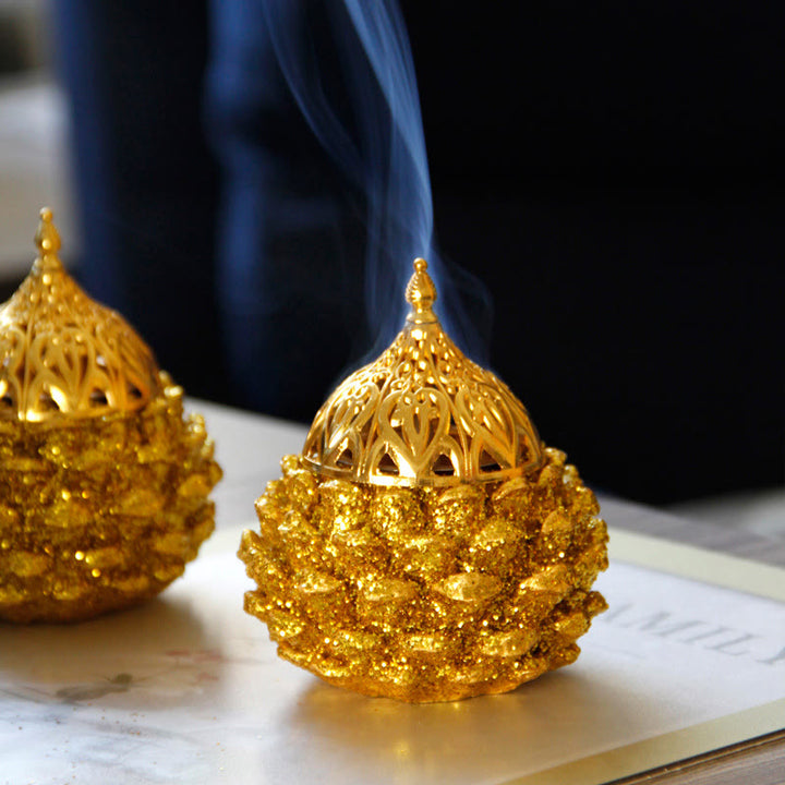 Mini quemador de incienso con diseño de cono de pino dorado, decoración de mesa para el hogar, rituales espirituales