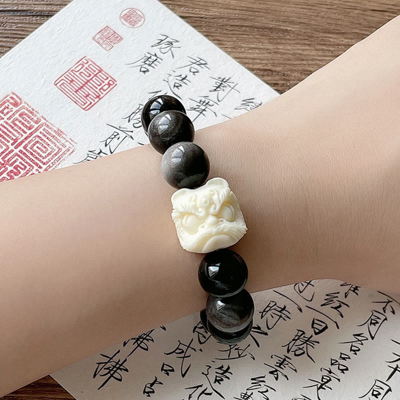 Pulsera de protección con Buddha Stones, obsidiana con brillo plateado, semilla de Bodhi, marfil, fruta, león danzante
