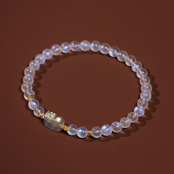 Pulsera curativa PiXiu de piedra lunar natural chapada en plata de ley 925 con Buddha Stones