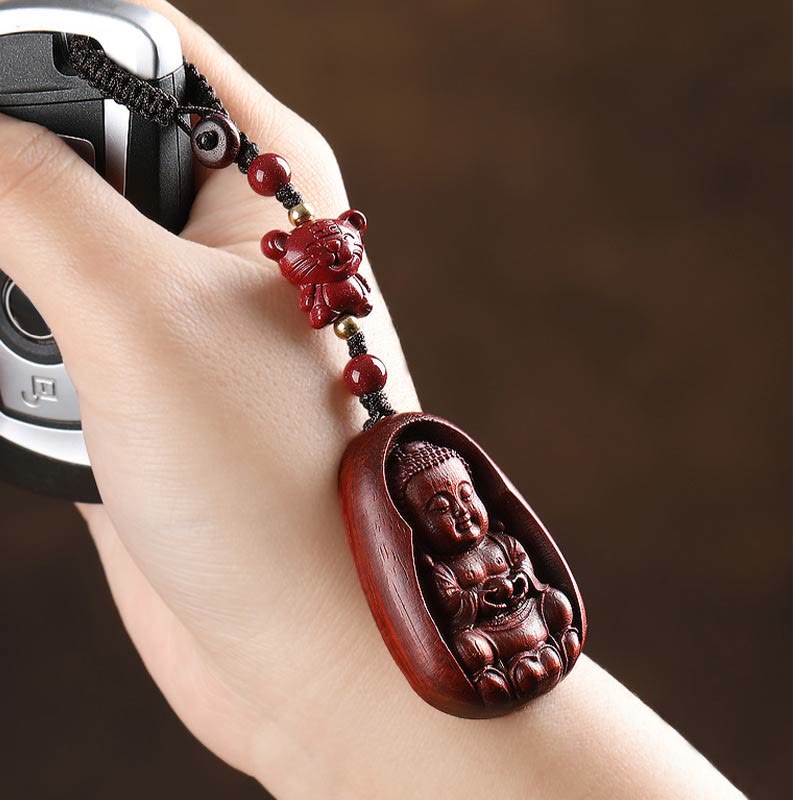 Llavero de protección con amuleto del zodiaco chino, Buddha Stones , hoja pequeña, sándalo rojo, Buda, cinabrio