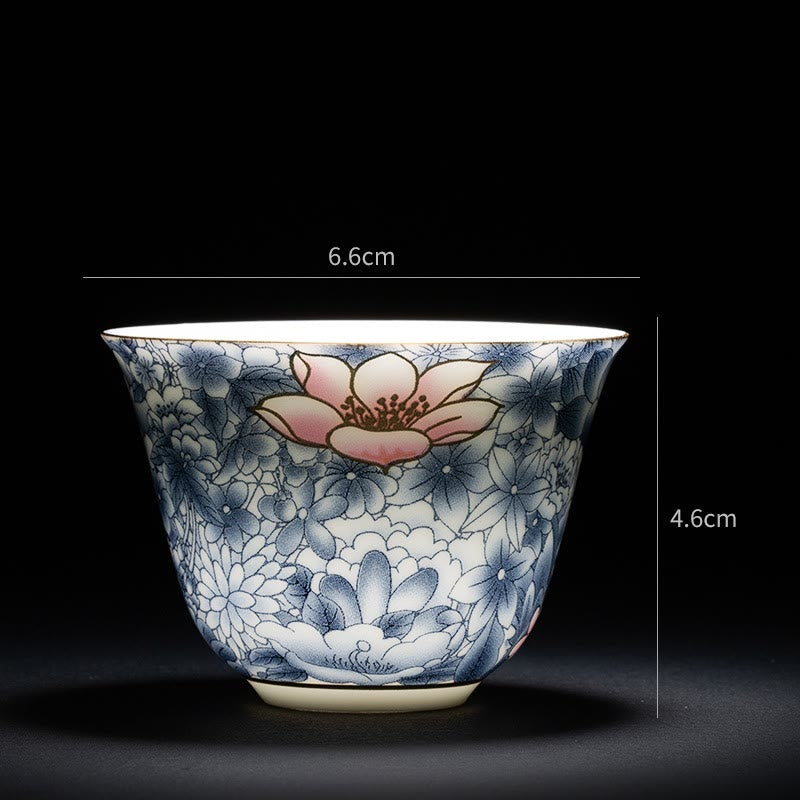 Taza de té de cerámica de porcelana azul y blanca, Buddha Stones, flores coloridas, orquídeas, olas del mar, taza de té de Kung Fu